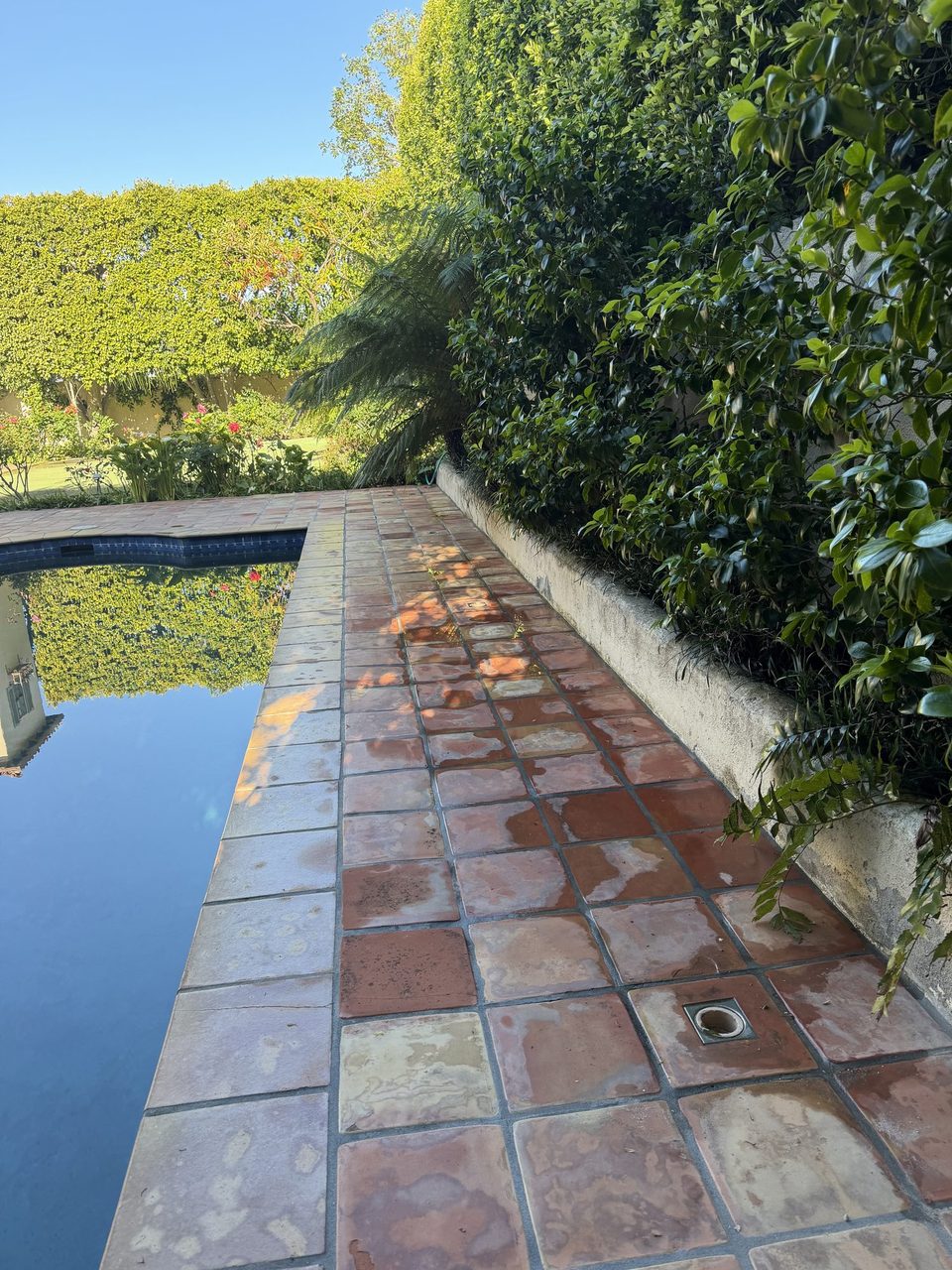 Saltillo tile pool deck after cleaning, clean and even
