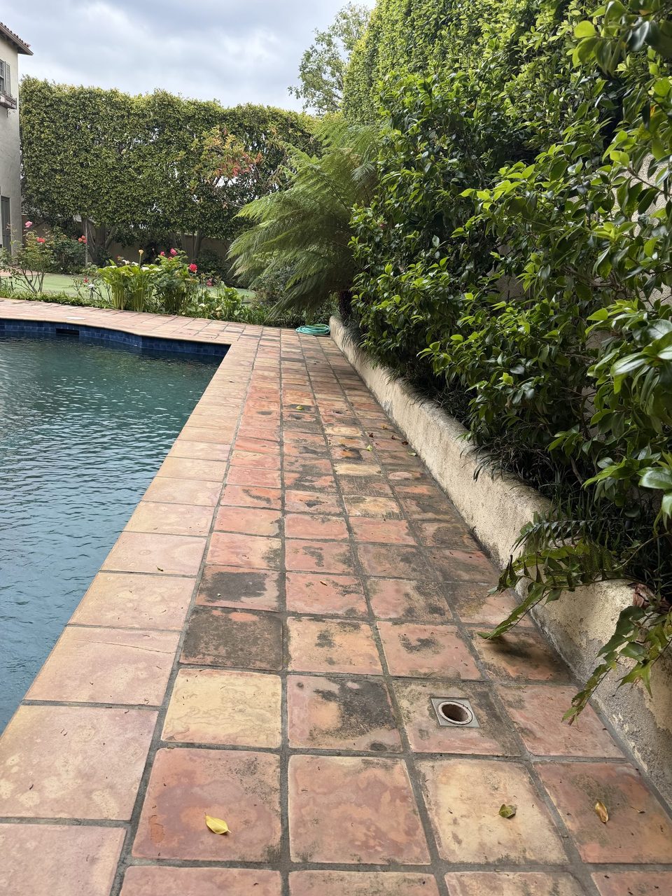 Saltillo tile pool deck before cleaning, stained and grimy